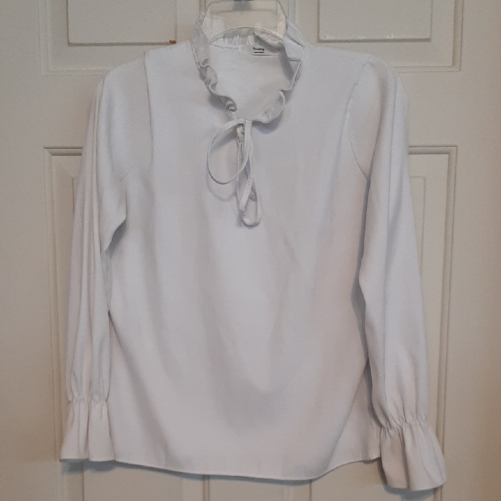 Classic White Ruffle Tie-Neck Blouse